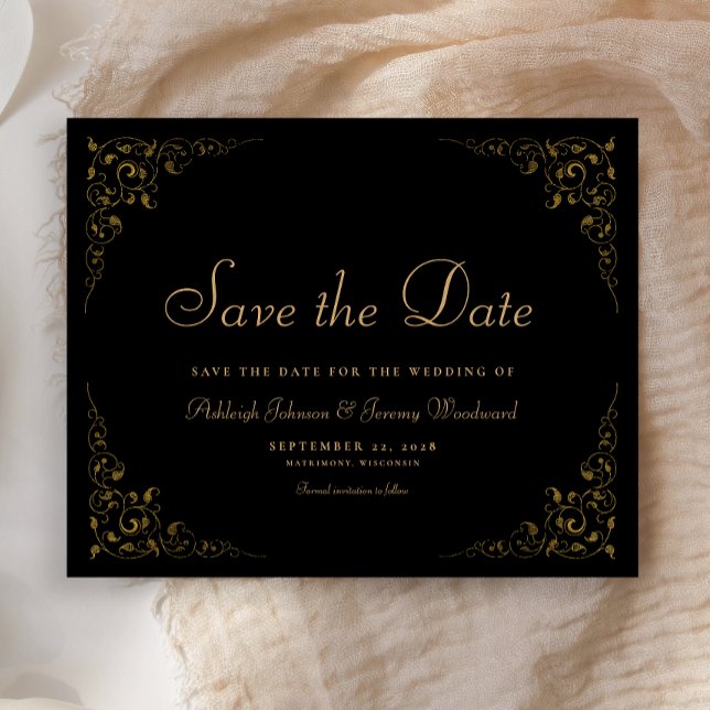 Botanischer Rahmen-Schwarz-Gold Save the Date (Von Creator hochgeladen)