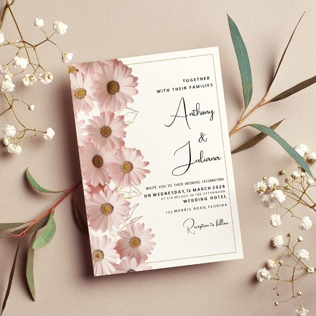 Botanischer Rosa-Rosa-Goldmedaille blumenreiche Ho Einladung (Botanical blush pink gold daisy floral Wedding )