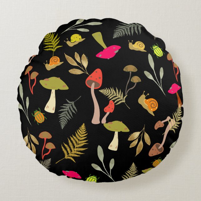 Botanischer Rundwurfkissen aus schwarzem Pilz Rundes Kissen (Vorderseite)