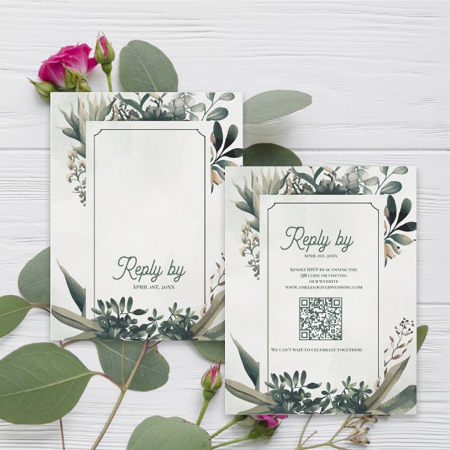 Botanischer Salbei Grün QR Code Grünzeug Hochzeit RSVP Karte (Elegant Botanical Greenery Wedding RSVP Card with QR Code | Sage Green Garden Wedding Response)