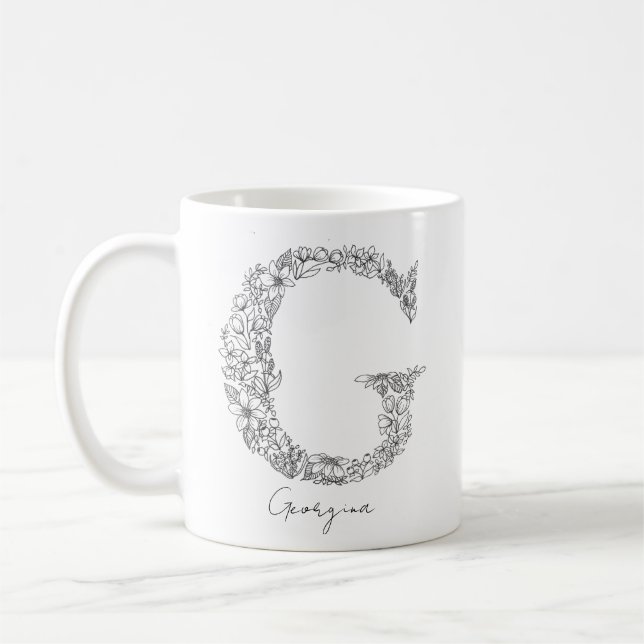 Botanischer Schwarz-weißer Monogramm-Floral-Brief  Kaffeetasse (Links)