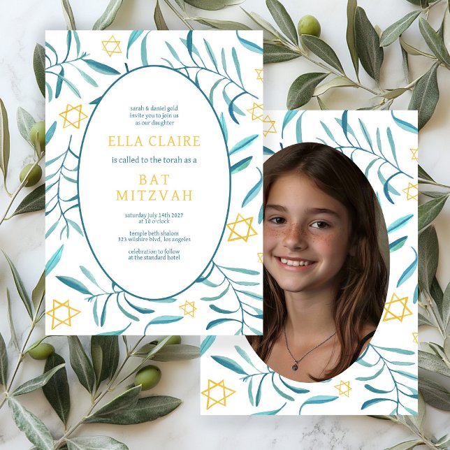 Botanischer Stern-Bar Bat Mitzvah-Foto Einladung (Watercolor Botanical Star Bar Bat Mitzvah CUSTOM Photo Invitation
)