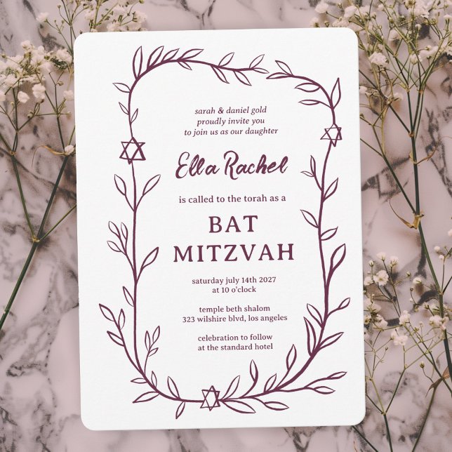 Botanischer Stern von David Bar Bat Mitzvah Einladung (Delicate Botanical Star of David Bar Bat Mitzvah Invitation
Doodle Sketch Elegant Purple)