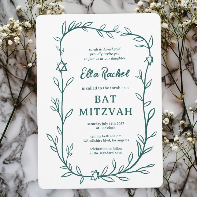 Botanischer Stern von David Bar Bat Mitzvah Einladung (Delicate Botanical Star of David Bar Bat Mitzvah Invitation
Green White Hand Drawn Sketch Doodle)