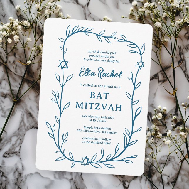 Botanischer Stern von David Bar Bat Mitzvah Einladung (Delicate Botanical Star of David Bar Bat Mitzvah Invitation Elegant Trendy BLue White Hand Drawn
)