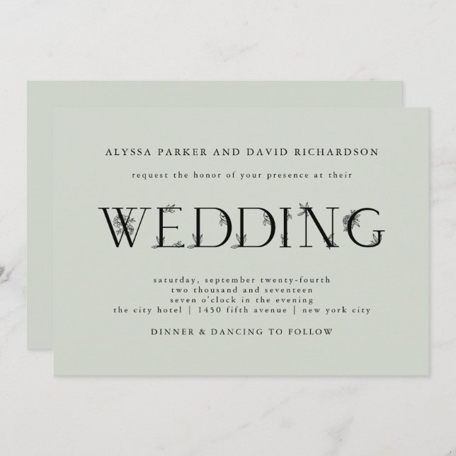 Botanischer Text| Sage Green Wedding Einladung (Vorne/Hinten)