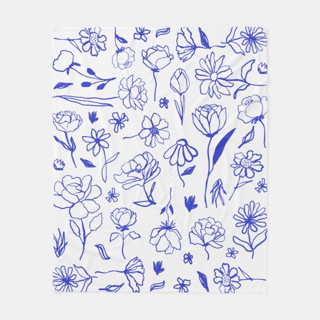Botanischer Tinte für Abstrakte Blumen, blau und w Fleecedecke (Vorderseite)