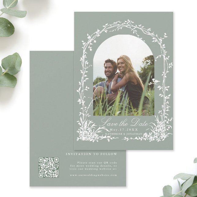 Botanischer Torbogen-Garten Sage Green Hochzeitsfo Save The Date (Front & Back)