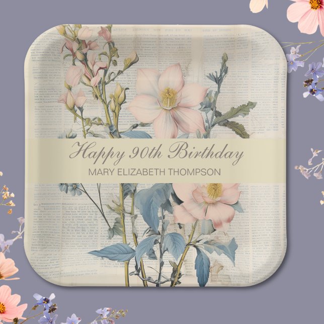 Botanischer Vintaqe Wildblume 90. Geburtstag Pappteller (Von Creator hochgeladen)