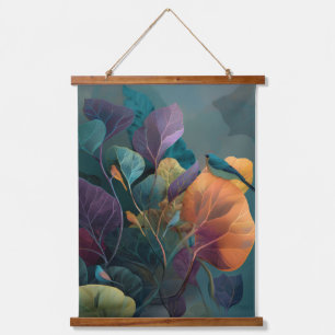 Botanischer Vögel-Teppich in Lila und Orange Dekor Wandteppich Mit Holzrahmen