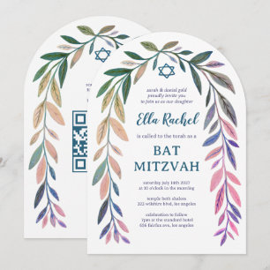 Botanischer Wasserfarbe QR-Code Bar/Bat Mizwa Boge Einladung
