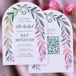 Botanischer Wasserfarbe QR-Code Bar/Bat Mizwa Boge Einladung