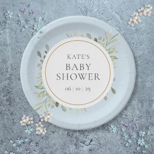 Botanischer Wasserfarben-Grünton Blau Jungen-Baby- Pappteller