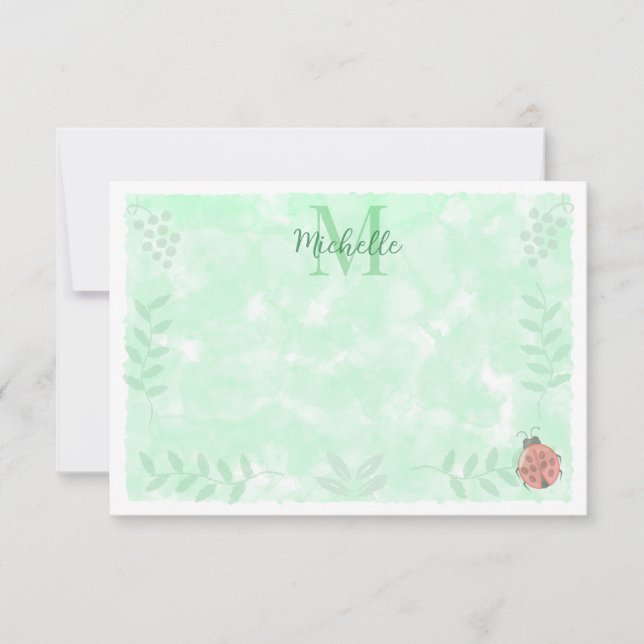 Botanischer Wasserfarben-Marienkäfer-Monogramm   Mitteilungskarte (Vorderseite)