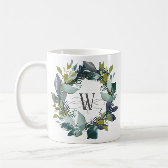 Botanischer Watercolor Aquamarin Green Monogram Kaffeetasse (Links)
