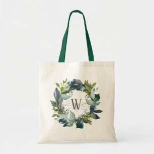 Botanischer Watercolor Aquamarin Green Monogram Tragetasche