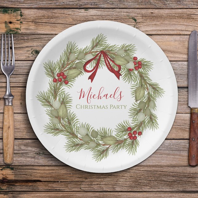 Botanischer Weihnachtsreath Red Holly Berries Leaf Pappteller (Simple Wreath design holiday paper plate with an elegant calligraphy script.)