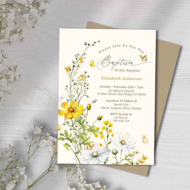 Botanischer Wildblume Garten Schmetterlinge Taufe Einladung (Botanical Wildflower Garden Butterflies Baptism Invitation)