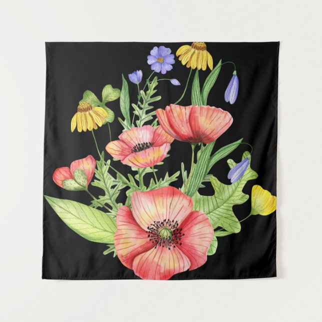 Botanischer Wildblumenstrauß Wasserfarbenkunst Wandteppich (Vorderseite)