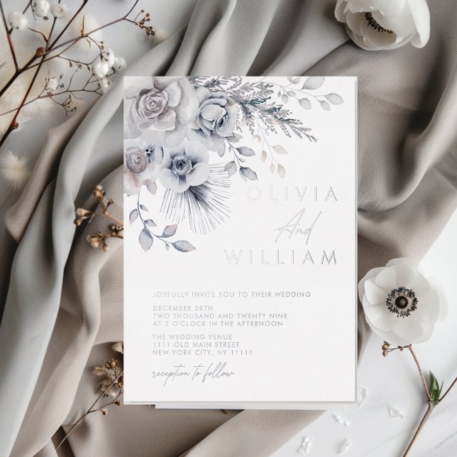 Botanischer Winter floral Elegante Silberhochzeit Folieneinladung (Botanical Winter Floral Elegant Silver Wedding Foil Invitation)