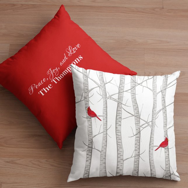 Botanischer Winter Roter Kardinal Botanisches Wald Kissen (Red cardinal and birch tree custom winter throw pillow)