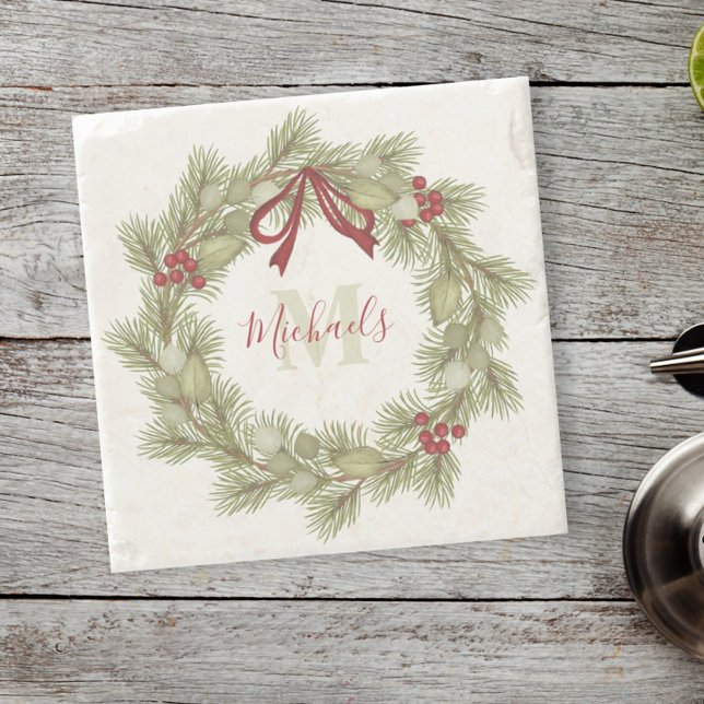 Botanischer Wreath Red Holly Monogram Steinuntersetzer (Von Creator hochgeladen)