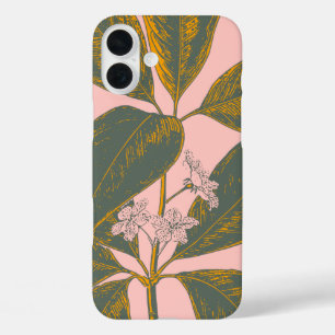 Botanischer Zeichn an der Frontseite Rosa und Grün iPhone 16 Plus Hülle