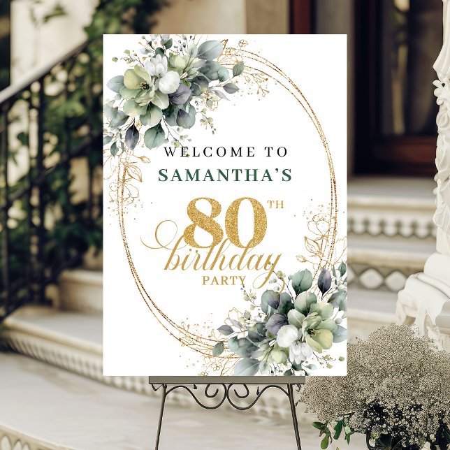 Botanisches 80. Eukalyptus-Gold-Willkommensschild Poster (Botanical 80th Eucalyptus Gold Welcome Sign)