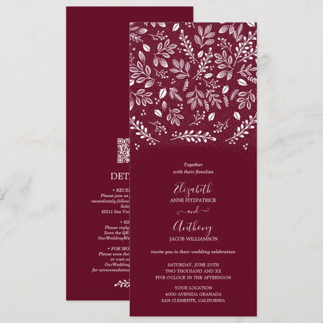 Botanisches All in one Burgund Hochzeitseinladung Einladung (Vorne/Hinten)