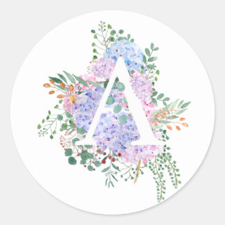 Botanisches Alphabet A Hydrangea-Blume Runder Aufkleber