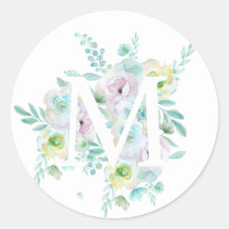 Botanisches Alphabet M grüne und violette Blumen Runder Aufkleber
