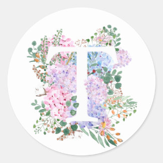 Botanisches Alphabet T Hydrangea-Blume Runder Aufkleber