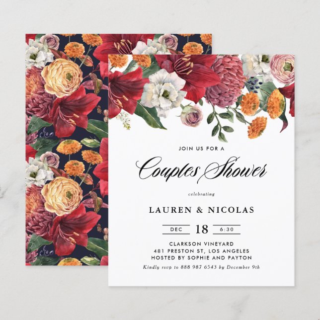 Botanisches Amaryllis Paare Dusche Einladung (Vorne/Hinten)