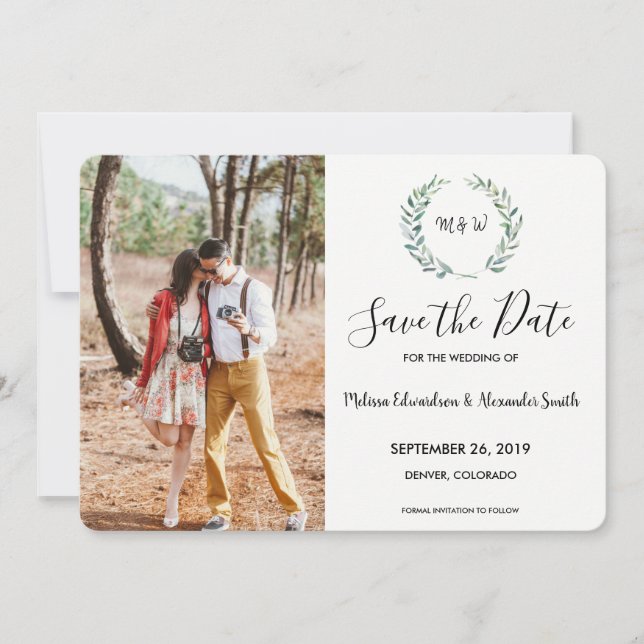 Botanisches Aquarell-Blätter mit Monogramm Foto Save The Date (Vorderseite)