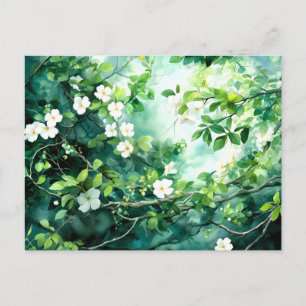 Botanisches Aquarell Weiße Blüten Grüne Blätter Feiertagspostkarte