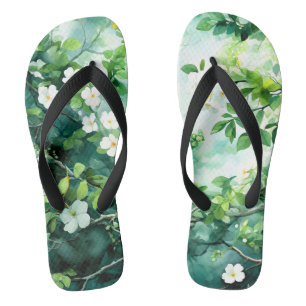 Botanisches Aquarell Weiße Blüten Grüne Blätter Flip Flops