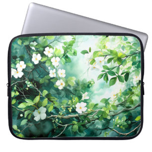 Botanisches Aquarell Weiße Blüten Grüne Blätter Laptopschutzhülle