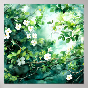 Botanisches Aquarell Weiße Blüten Grüne Blätter Poster