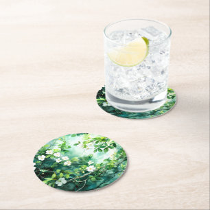 Botanisches Aquarell Weiße Blüten Grüne Blätter Runder Pappuntersetzer