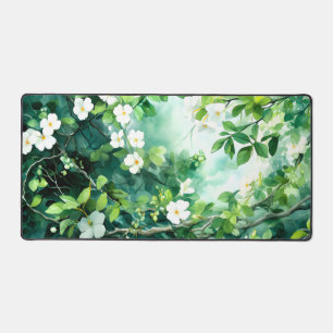 Botanisches Aquarell Weiße Blüten Grüne Blätter Schreibtischunterlage