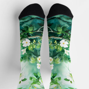 Botanisches Aquarell Weiße Blüten Grüne Blätter Socken