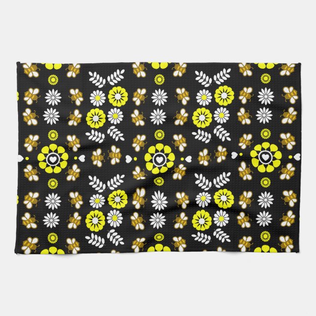 Botanisches Bienen-Blumen-Muster Geschirrtuch (Horizontal)