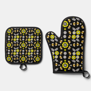 Botanisches Bienen-Blumen-Muster Ofenhandschuh & Topflappen-Set