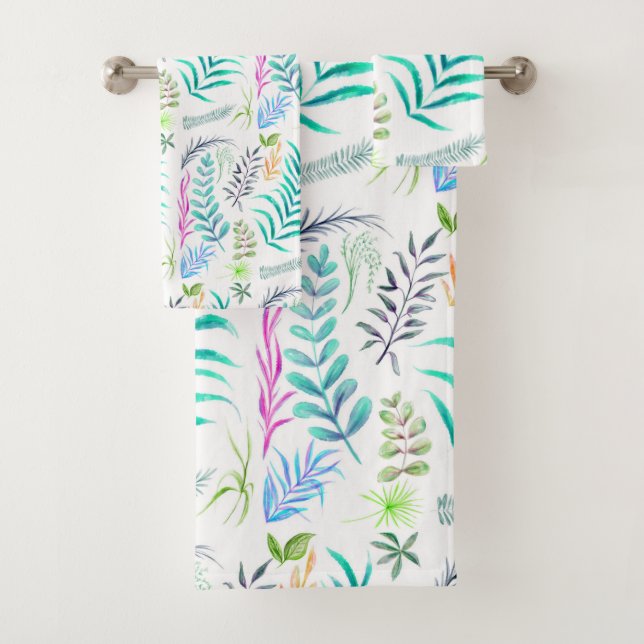 Botanisches Blätter Wasserfarbe Muster weiß Badhandtuch Set (Insitu)