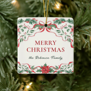 Botanisches Blattwerk Rotes Schleifen-Weihnachtsfo Keramikornament