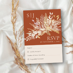 Botanisches Blattwerk Terrakotta Monogramm Hochzei RSVP Karte