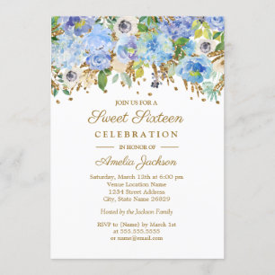 Botanisches Blau Gold Florales Sweet Sixteen Gebur Einladung
