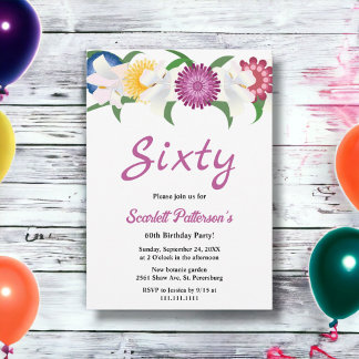 Botanisches Blau Lila Rose Blumenfloral 60. Geburt Einladung