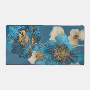 Botanisches Blau Mohn Gold Linien Kunst Floral Schreibtischunterlage