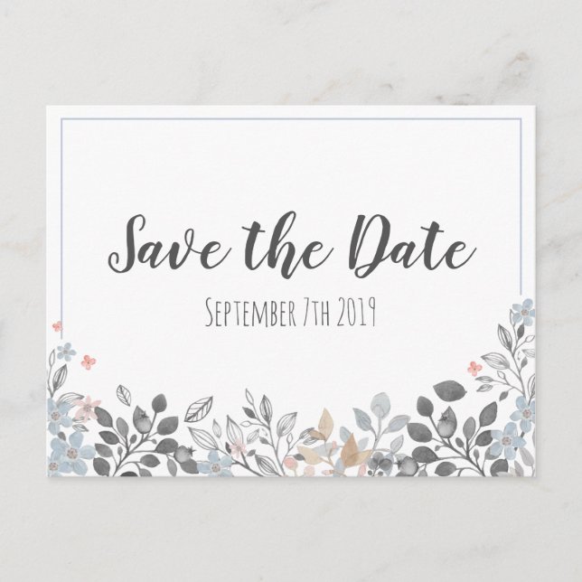 Botanisches Blau Save the Date Hochzeit Postkarte (Vorderseite)